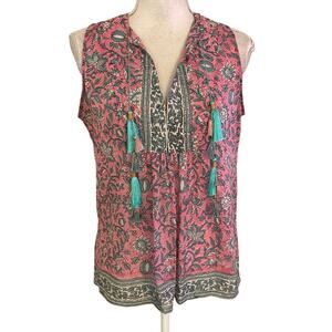 Bell by Alicia Bell M Sleeveless Boho Indie Blouse Tassels Floral Silk Blend